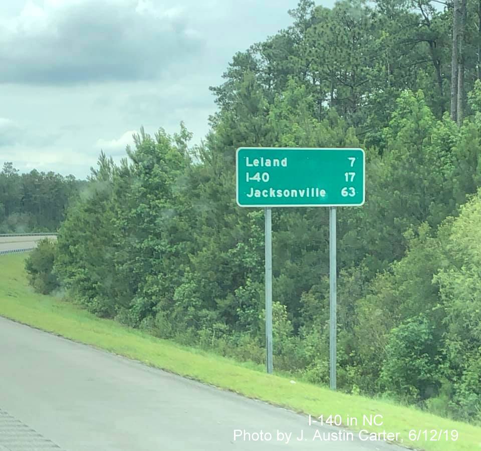 Image of post-interchange distance sign on I-140 East after its start at US 17 North in Brunswick County, by J. Austin Carter