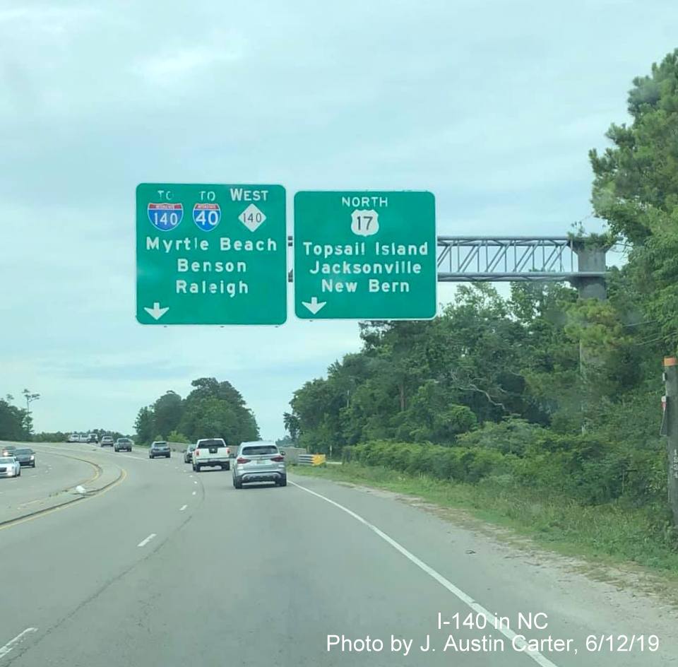 Image of reconfigured signage for interchange of US 17 with now NC 140 Wilmington Bypass in Scotts Hill, by J. Austin Carter