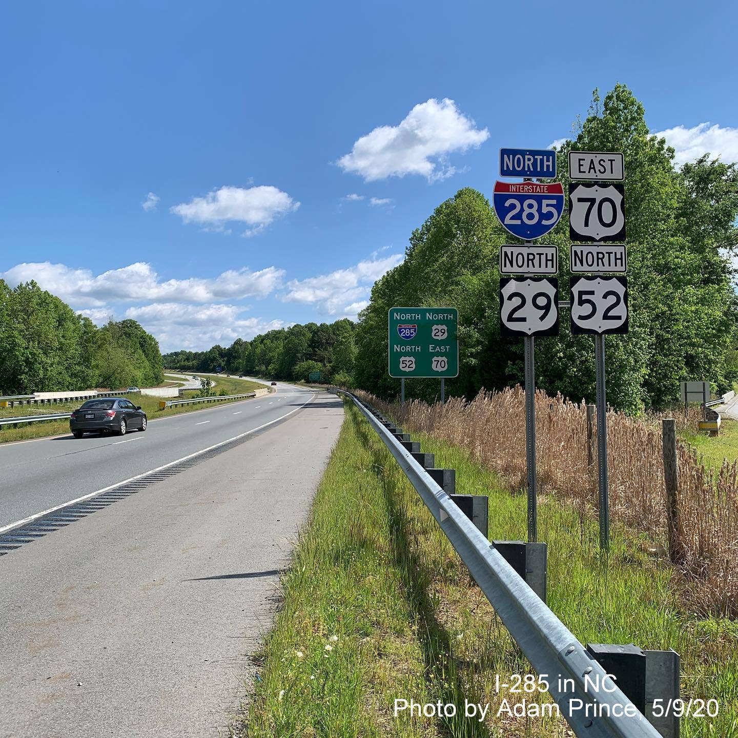 Image of now duplicate North I-285/US 29/US 52 and East US 70 reassurance markerse with newly placed reassurance marker sign in background in Lexington, by Adam Prince, May 9, 2020