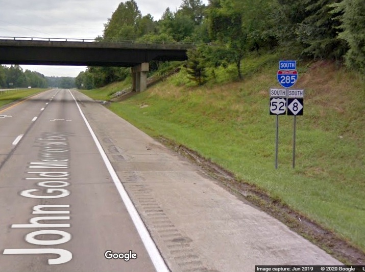 Google Maps Street View image of set of South I-285/US 52/NC 8 reassurance markers near Midway in Davidson County, taken in June 2019