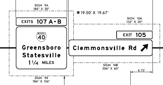 Image of NCDOT sign plan for I-40 advance and Clemmonsville Road exit ramp sign on I-285/US 52/NC 8 North in Winston-Salem