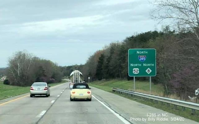 Image of newly placed ground mounted North I-285/US 52/NC 8 reassurance marker sign in Forsyth County, by Billy Riddle on March 24, 2020