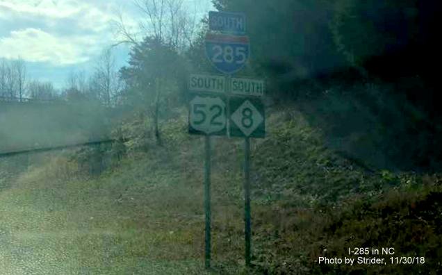 Image of newly placed I-285 shield on reassurance marker along US 52/NC 8 South in Winston-Salem, by Strider