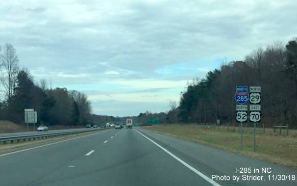 Image of newly placed North I-285 reassurance marker, replacing Business 85 on sign assembly for US 29/52 North, US 70 East freeway in Lexington