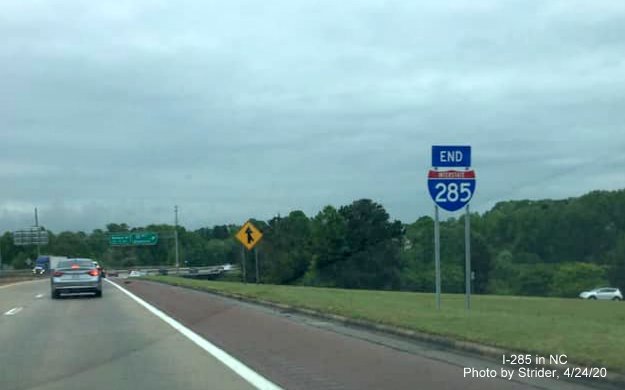 Image of newly place End I-285 sign heading north at I-40 in Winston-Salem, by Strider, April 2020