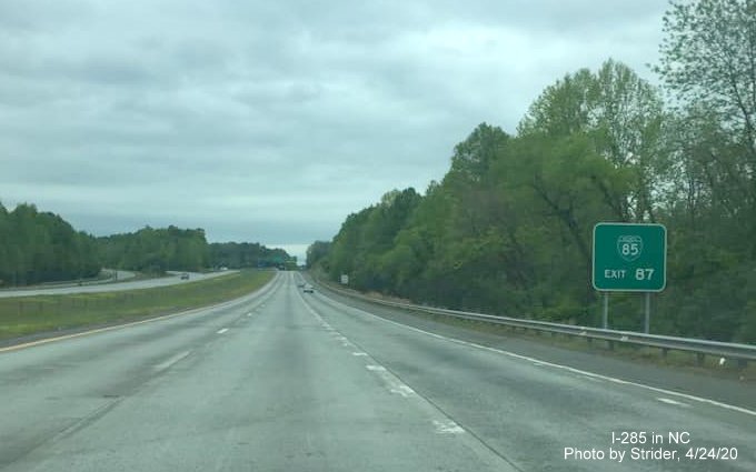 Image of recently placed Business Loop 85 sign along I-285/US 29/US 52 North, US 70 East in Lexington, by Strider, April 2020