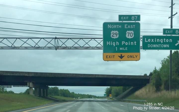 Image of signage for US 29 North/US 70 East exit on I-285/US 52 North, no more reference to Business 85, by Strider, April 2020