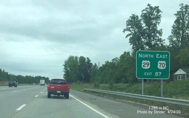 Image of new auxiliary sign for US 29 (North) and US 70 (East) for I-285/US 52 exit on I-85 North in Lexington, by Strider, April 2020