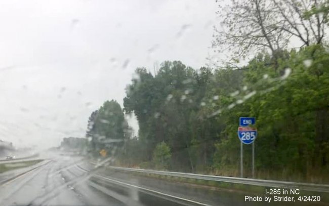 Image of recently installed End I-285 sign at merge of I-285/US 29/US 52 South, US 70 West with I-85 in Lexington, by Strider, April 2020