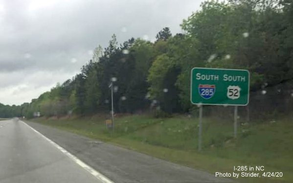 Image of newly placed South I-285/US 52 reassurance marker sign in Forsyth County, by Strider, April 2020