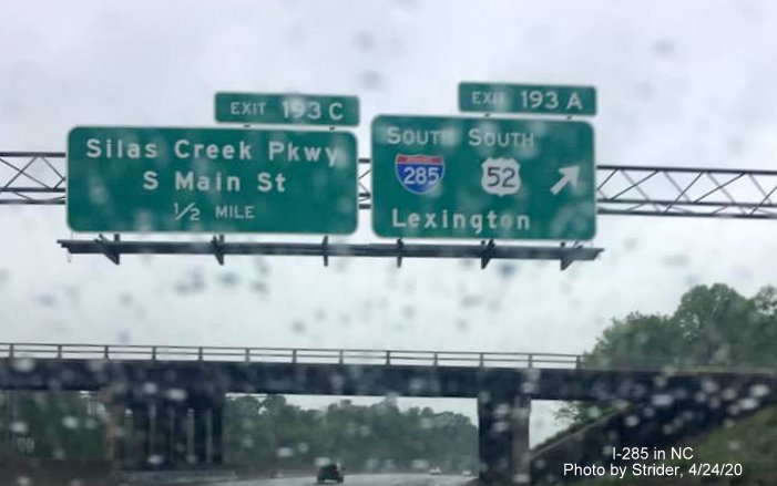 Image of new exit sign for I-285/US 52 South (and removal of NC 8) on I-40 East in Winston-Salem, by Strider, April 2020