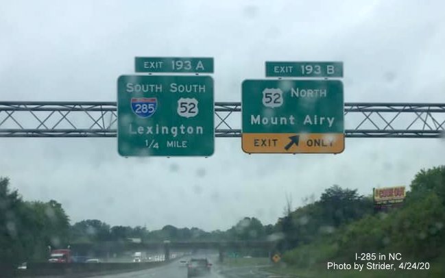 Image of new overhead signs at I-285 South/US 52 exits on I-40 West in Winston-Salem with removal of US 311 and NC 8 shields, by Strider, April 2020
