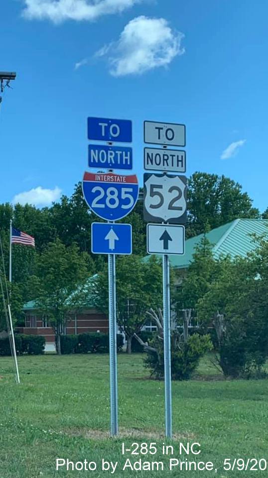 Image of North I-285/US 52 trailblazers on North NC 47 in Lexington, by Adam Prince, May 9, 2020