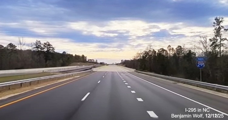Image of South I-295 reassurance marker after the US 401 exit on newly opened section 
	 of the Fayetteville Outer Loop, screen grab from Benjamin Wolf Video, December 2025