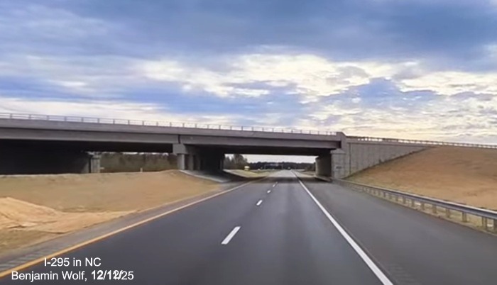 Image of completed bridge for Strickland Bridge Road exit on newly opened section of 
	 I-295 South, screen grab from Benjamin Wolf Video, December 2025