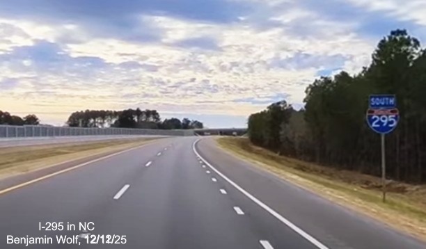 Image of new South I-295 reassurance marker after the Strickland Bridge Road exit on newly 
	 opened section of the Fayetteville Outer Loop, screen grab from Benjamin Wolf Video, December 2025