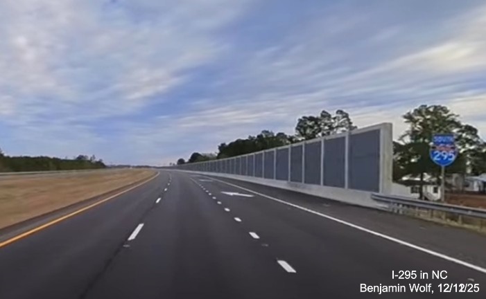 Image of new South I-295 reassurance marker, replacing NC 295, after the Camden Road exit 
	 on the Fayetteville Outer Loop, screen grab from Benjamin Wolf Video, December 2025