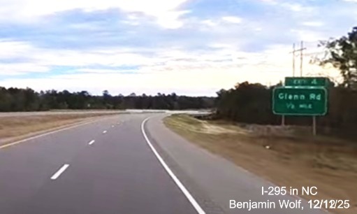 Image of 1/2 mile advance sign for the Glenn Road (former Black Bridge Road) exit
	 on I-295 South, screen grab from Benjamin Wolf Video, December 2025