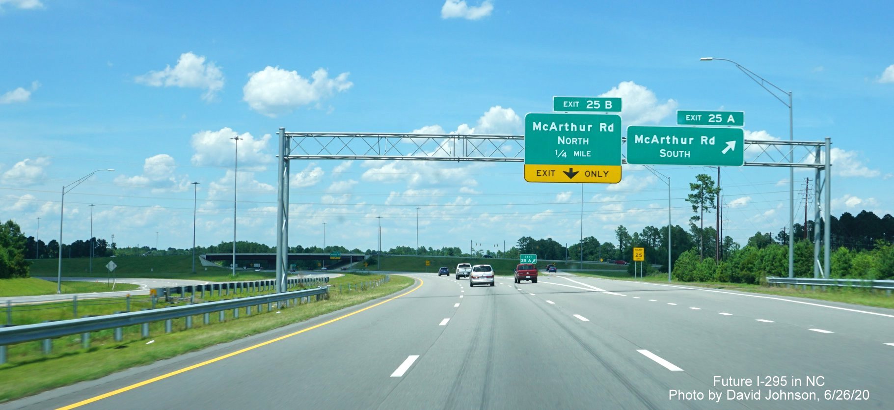 Image of the overhead signs for the McArthur Road interchange on I-295 North in Fayetteville, by David Johnson June 2020