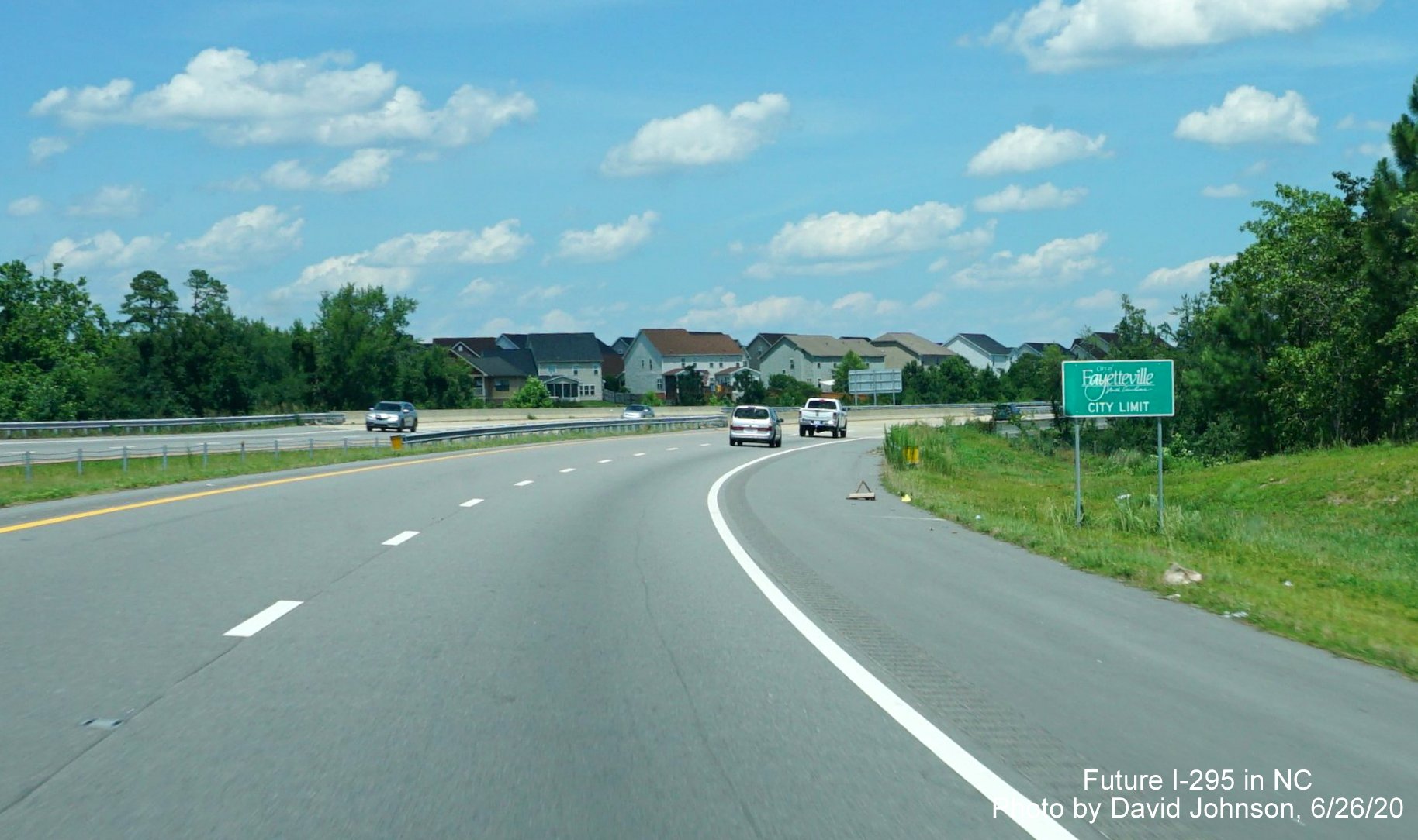 Image of the guide sign for Fayetteville City Limit on I-295 North in Fayetteville, by David Johnson June 2020