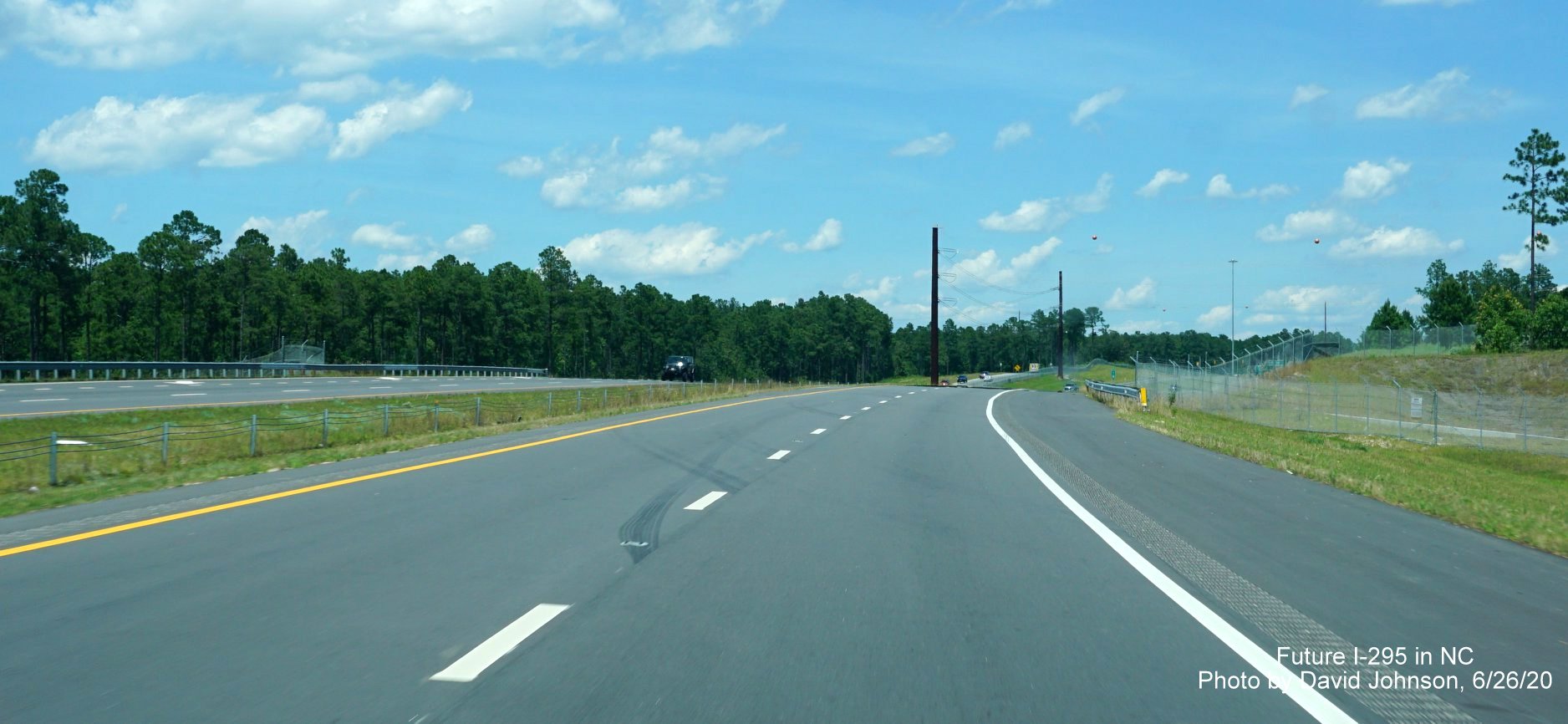 Image of NC 295 North roadway in vicinity of Canopy Lane exit in Fort Bragg, by David Johnson June 2020