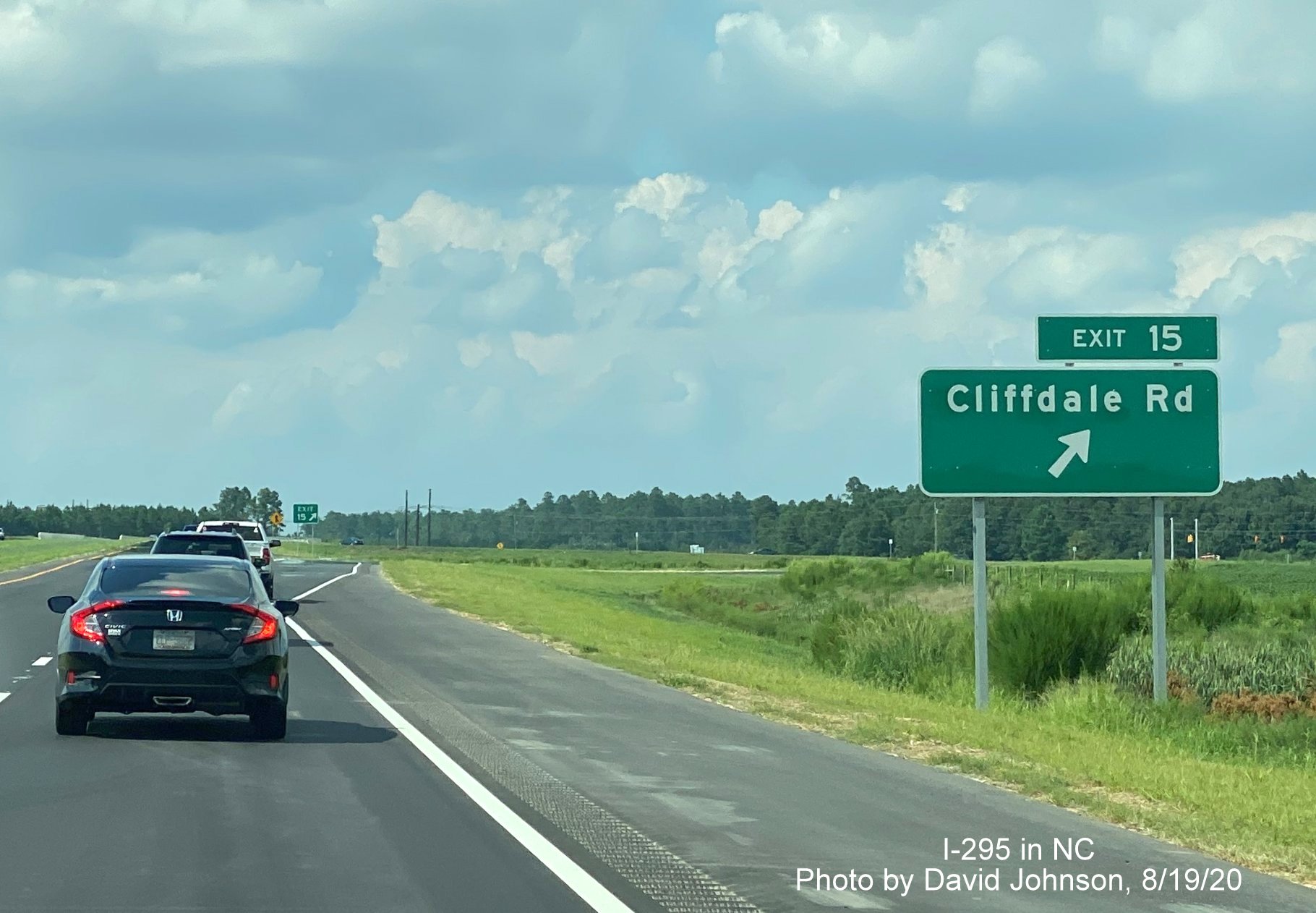 Image of ground mounted exit sign for Cliffdale Road exit on newly opened section of North 
        I-295 in Fayetteville, photo by David Johnson August 2020