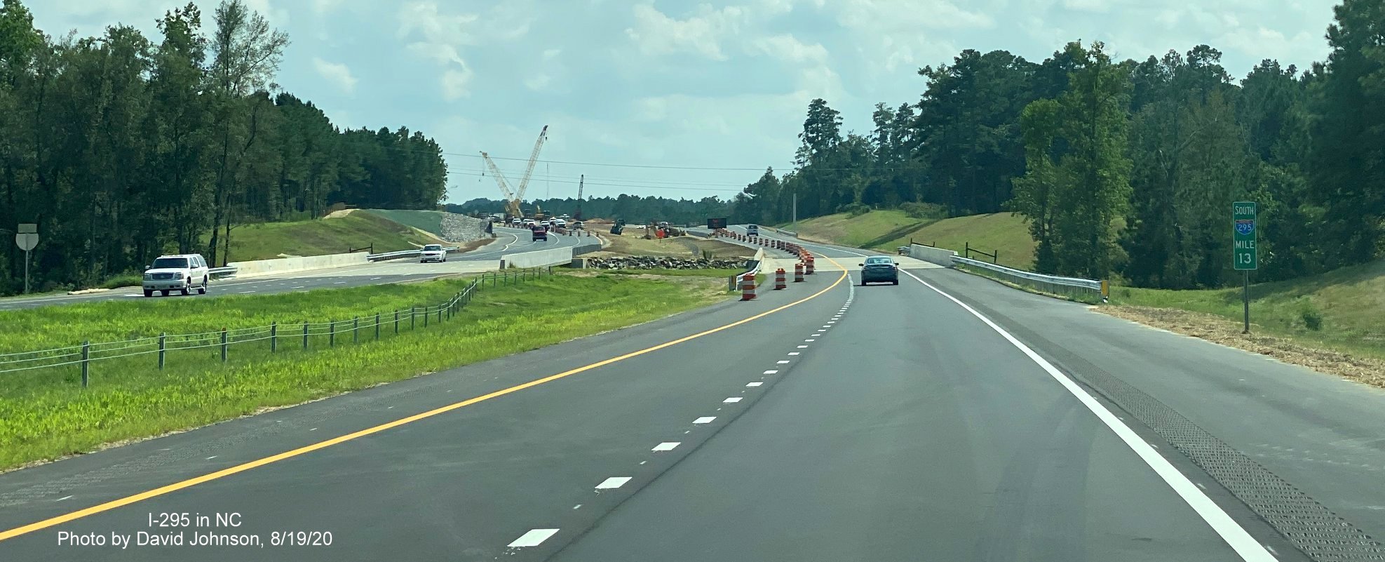 Image of continued Loop construction approaching the US 401 exit on Outer Loop/I-295 South in Fayetteville, 
        by David Johnson August 2020