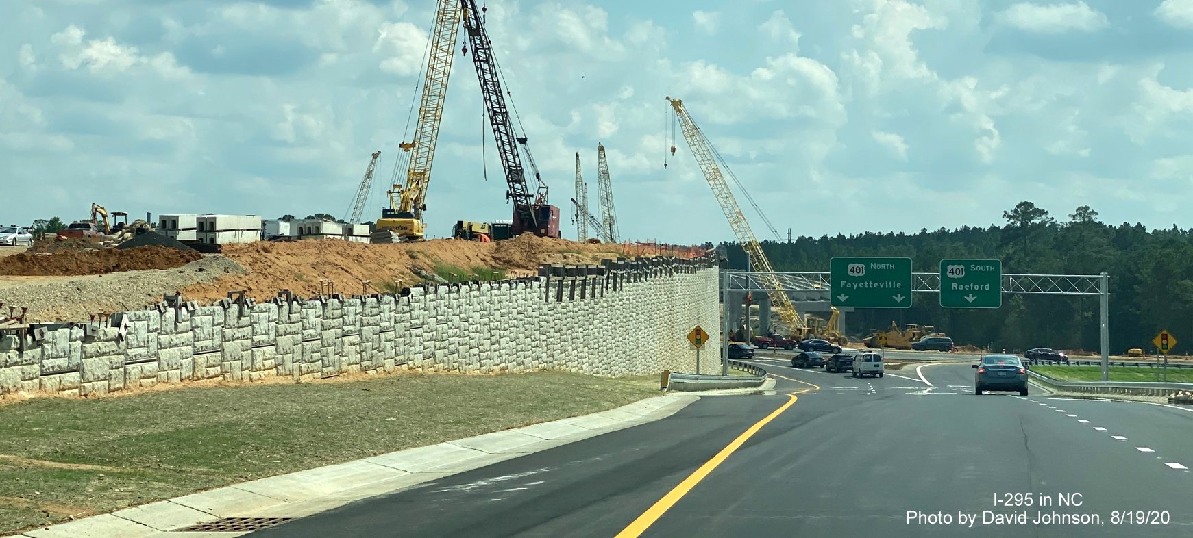 Image of Future I-295 bridge construction over US 401 from exit ramp at end of I-295 South in Fayetteville, 
        by David Johnson August 2020