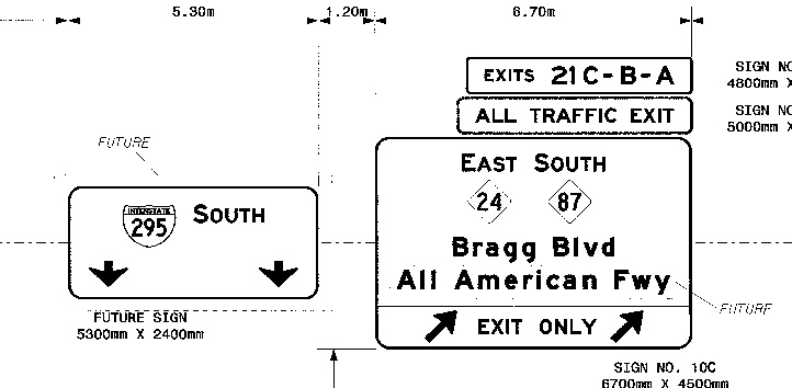 Image of sign plan for Bragg Blvd exit on Fayetteville Loop, from NCDOT