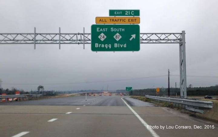 Photo of overhead exit sign for NC 24/NC 87 with exit number on Fayetteville Loop. Photo by Lou Corsaro