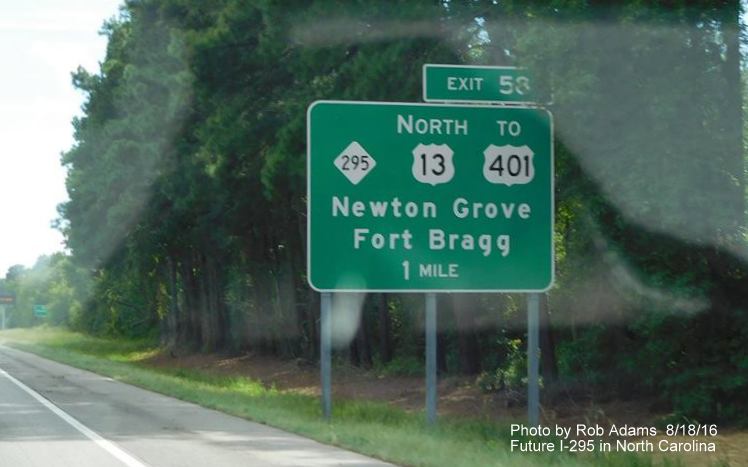 Image of exit sign for NC 295 on I-95 South, showing new control city of Fort Bragg. Photo by Rob Adams