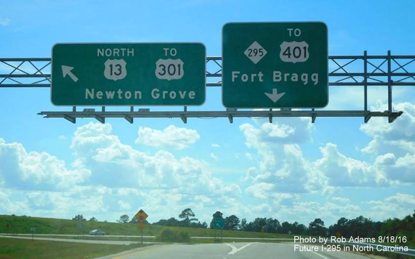 Image of new signs at beginning of NC 295 west along ramp from I-95 South. Photo by Rob Adams