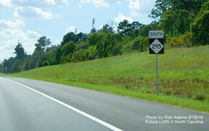 Image of newly placed NC 295 South reassurance marker beyond US 401 exit in Spring Lake, photo by Rob Adams