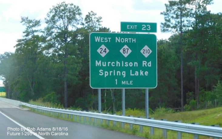 Image of 1-Mile Advance sign for NC 210/24/87 Murchison Road exit on NC 295 South in Fayetteville, photo by Rob Adams