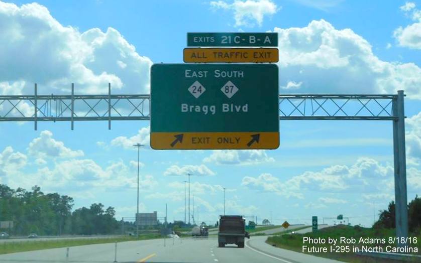 View signage for Bragg Blvd exit at current end of NC 295 South in Fayetteville, photo by Rob Adams