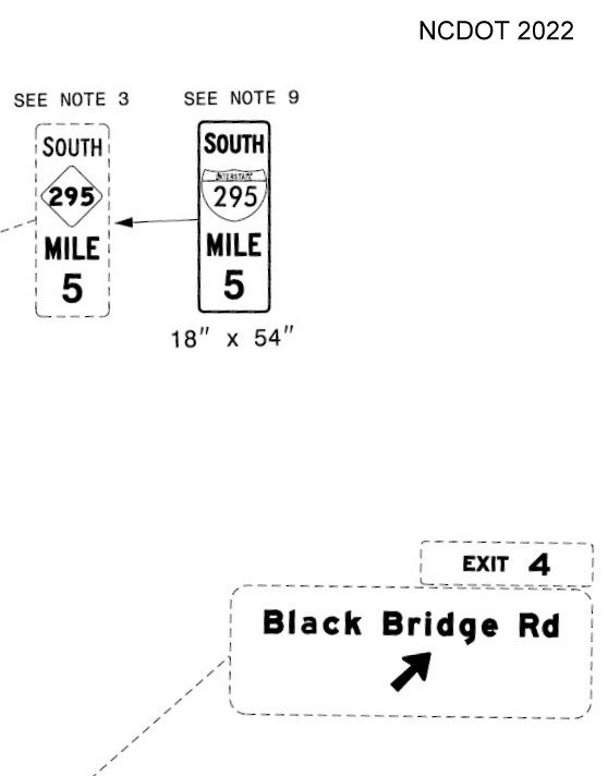 Image of NCDOT sign plan for exit sign for Black Bridge Road on under construction
        section from Camden Road to I-95