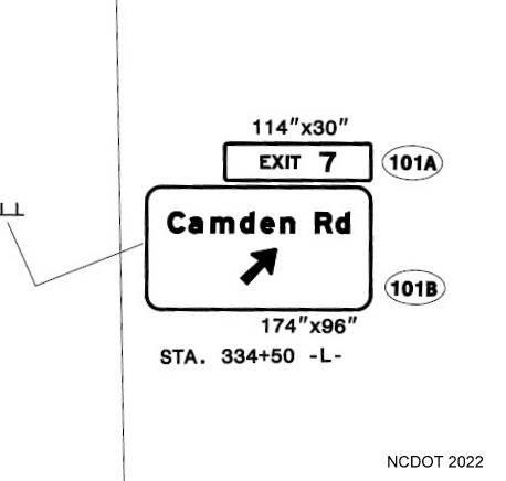 Image of NCDOT sign plan for exit ramp sign for Camden Road to be built as last part of
        Fayetteville Outer Loop