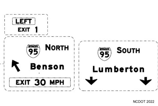 Image of NCDOT sign plan for overhead sign at split of ramps at end of I-295 South
        at I-95