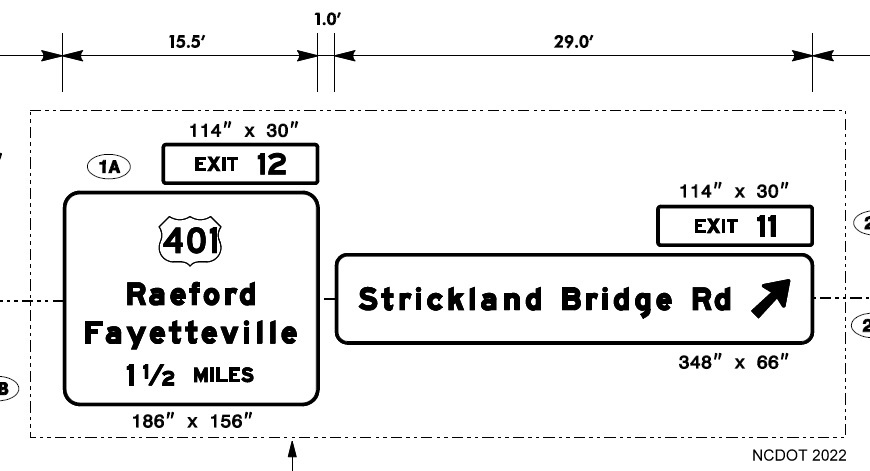 Image of NCDOT sign plan for overhead signs on I-295 North at ramp to Strickland Bridge Road