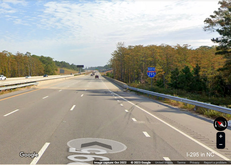 Image of North I-295 reassurance marker after the Murchison Road interchange, Fayetteville Outer Loop, Google Maps Street View, 
        October 2022