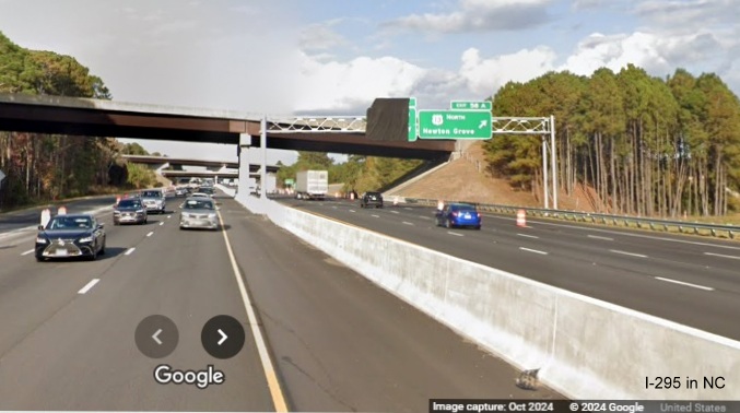 Image of still covered 1/2 Mile advance overhead sign for I-295 South exit on 
      I-95 North, Google Maps Street View, October 2024