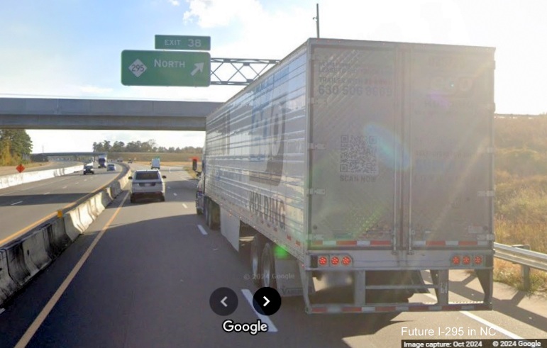 Image of recently placed overhead ramp sign for NC 295 (Future I-295) North exit on 
      I-95 South in St. Pauls, Google Maps Street View, October 2024