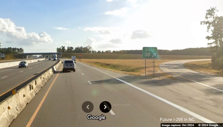 Image of gore sign and recently opened ramp for NC 295 (Future I-295) North exit on 
      I-95 South in St. Pauls, Google Maps Street View, October 2024