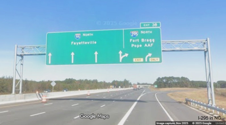 Image of arrow-per-lane overhead ramp sign on I-95 North for the now I-295 
	 North exit, Google Maps Street View, November 2025