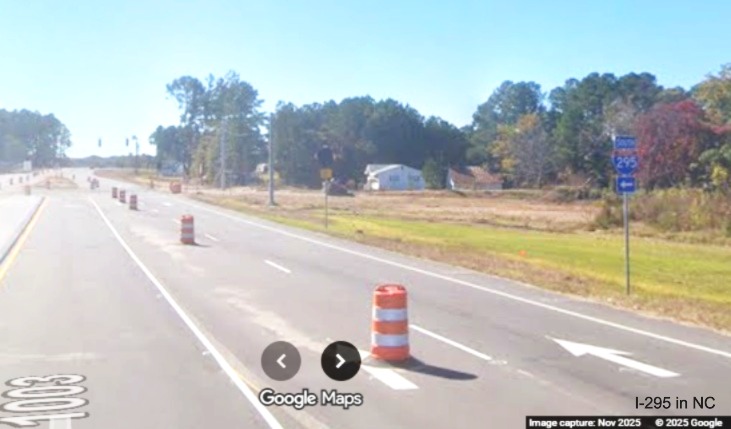 Image of premature South I-295 trailblazer on Camden Road at current end of the southern
	 section of the Fayetteville Outer Loop, Google Maps Street View, November 2025