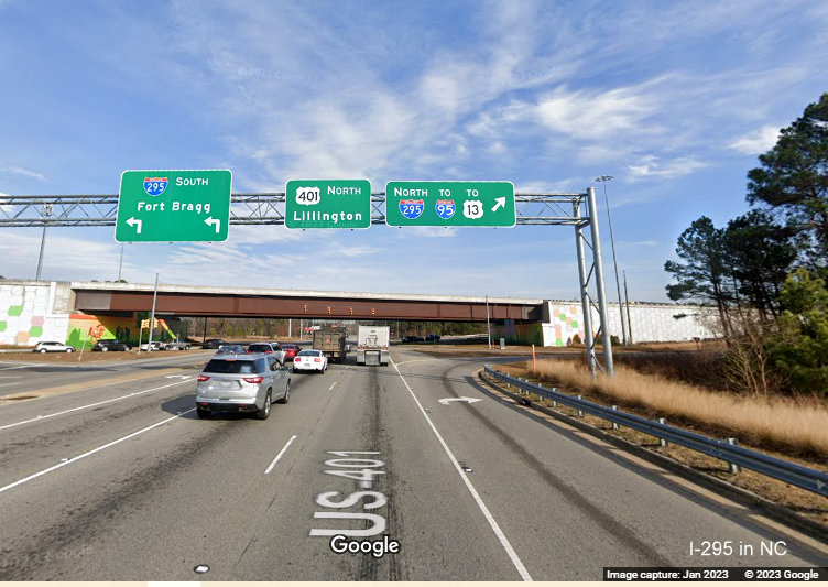 Image of I-295 overhead ramp signage on US 401 North, Google Maps Street View, 
        January 2023