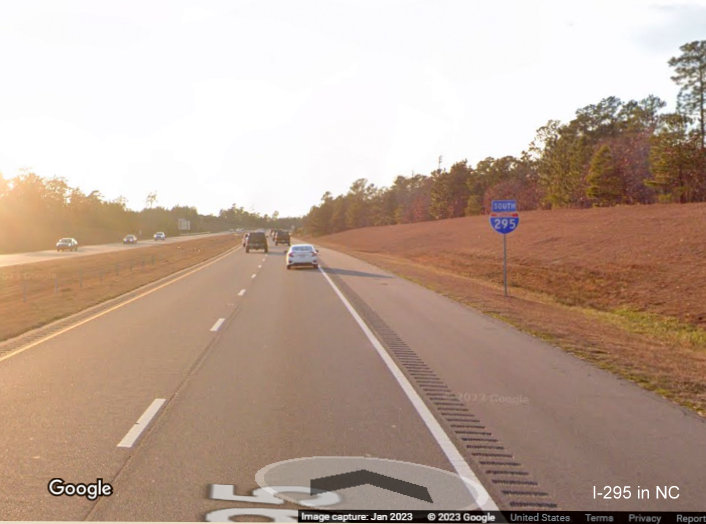 Image of South I-295 reassurance marker after US 401 Lillington exit, Google Maps Street View, 
        January 2023