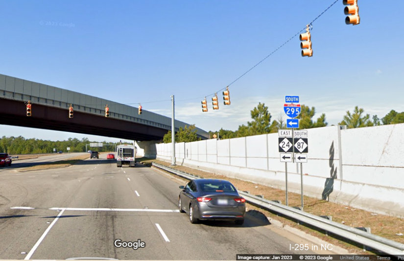 Image of South I-295 trailblazer at the Murchison Road interchange, Fayetteville Outer Loop, Google Maps Street View, 
        January 2023