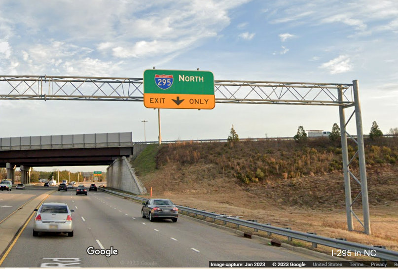 Image of North I-295 ramp sign at the Murchison Road interchange, Fayetteville Outer Loop, Google Maps Street View, 
        January 2023