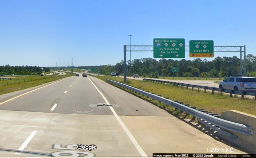 Image of I-295 shield now on Bragg Blvd to Murchison Road C/D ramp from the northbound Fayetteville Outer Loop, Google Maps Street View, 
        May 2022